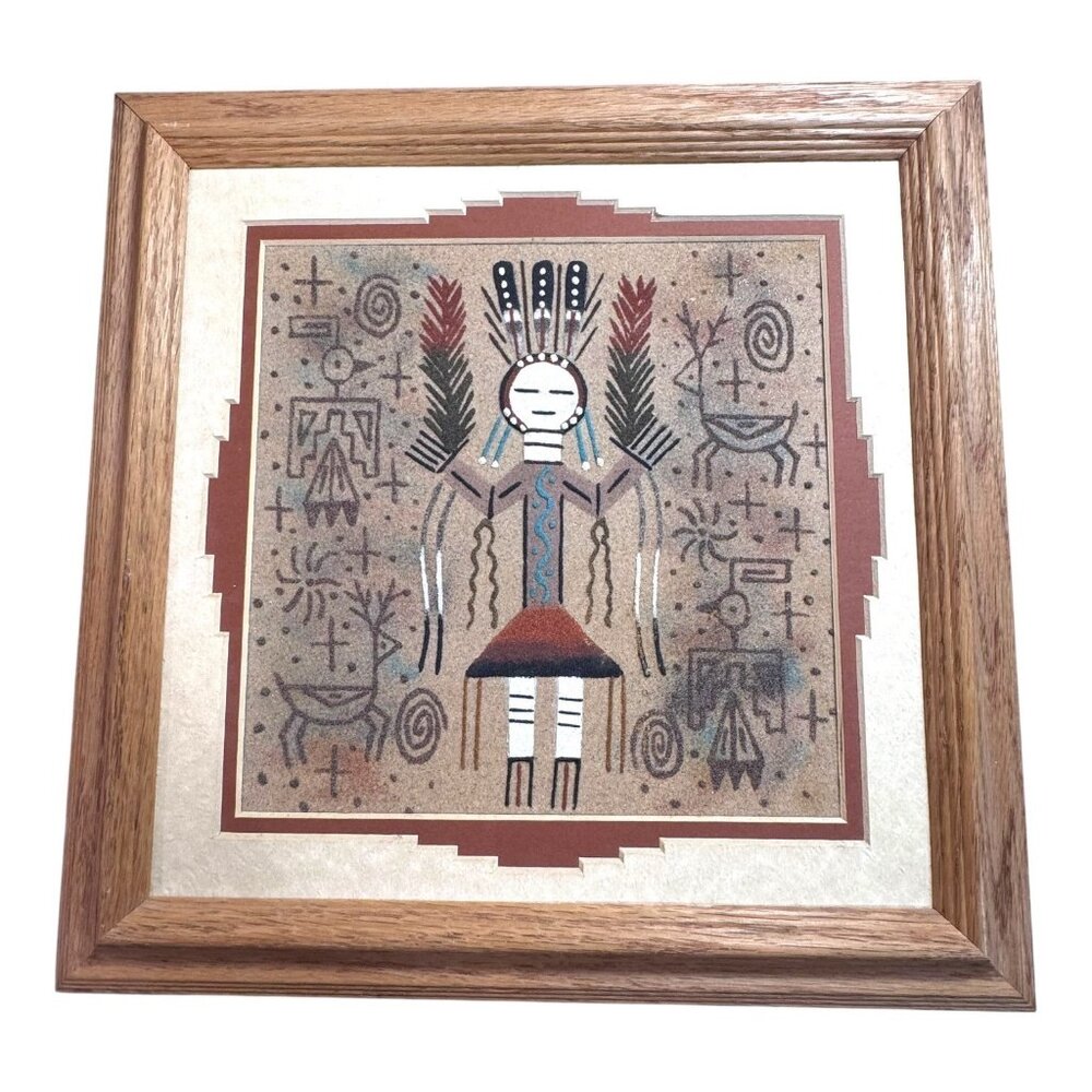 Whirling Log Signed Handcrafted Native American Sand Art Framed Wall 12"x10"